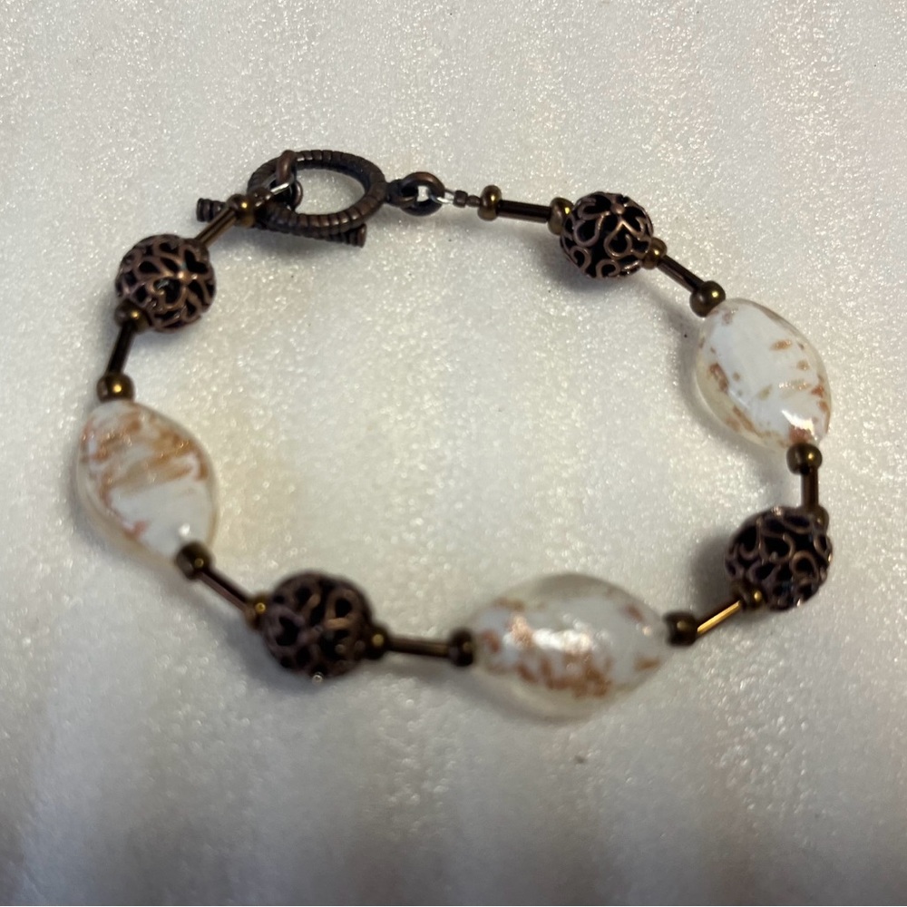 Toggle Bracelet Elegant White and Gold Glass Beaded Bracelet